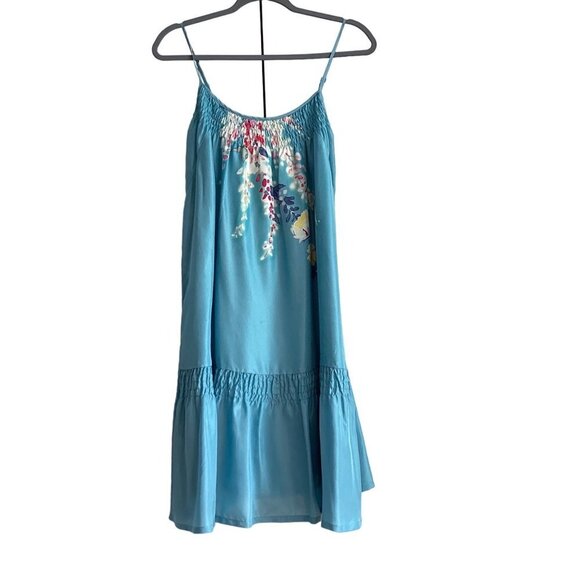 Garnet Hill 100% Silk Dress Size 2 Blue Babydoll Floral watercolor  Smocking - Picture 1 of 14